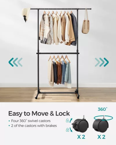 Álló ruhafogas, állítható magasságú, kerekekkel, fekete 113-180 cm