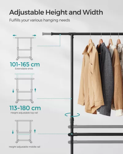 Álló ruhafogas, állítható magasságú, kerekekkel, fekete 113-180 cm