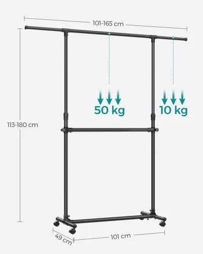 Álló ruhafogas, állítható magasságú, kerekekkel, fekete 113-180 cm