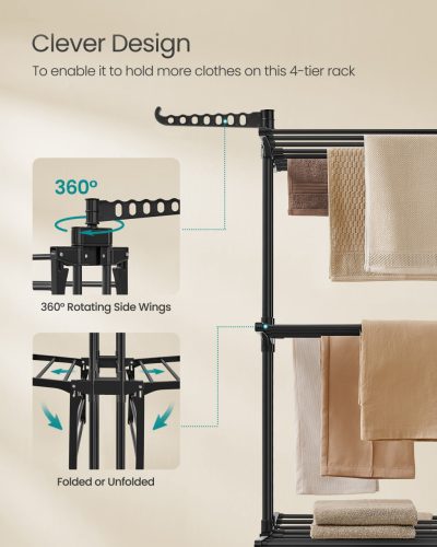 Ruhaszárító Állvány, 4-Szintes, Összecsukható, Rozsdamentes Acél, Fekete