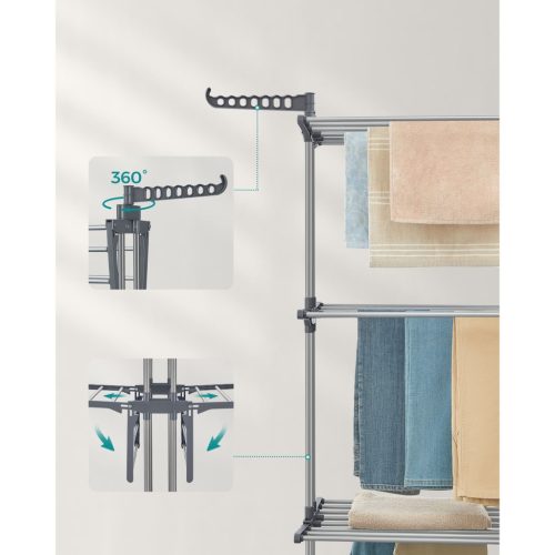 Négy szintes összecsukható ruhaszárító kerekekkel, szürke