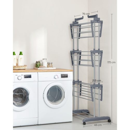Négy szintes összecsukható ruhaszárító kerekekkel, szürke