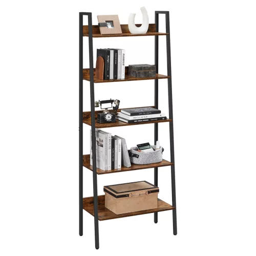 Könyvespolc, létra polc, 5 szintes, vintage barna és fekete 40x30x180cm