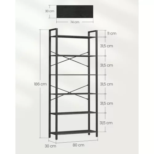 VASAGLE 6 szintes magas könyvespolc, nagy könyvszekrény, acélkeret, szabadon álló