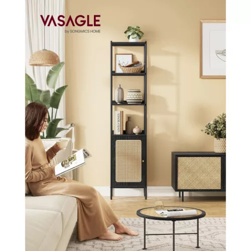 VASAGLE 6 szintes könyvespolc, keskeny könyvespolc rattan hatású ajtóval, szabadon