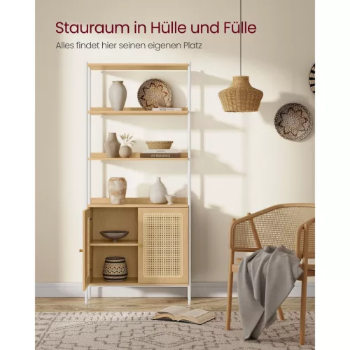 VASAGLE 6 szintes könyvespolc, magas könyvszekrény rattan hatású ajtókkal, boho