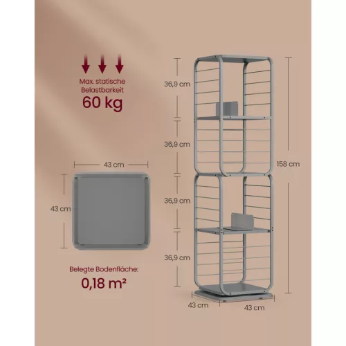 Vasagle LLS127G36 360°-ban forgatható könyvespolcpolc - Acélszerkezet, galambszürke,