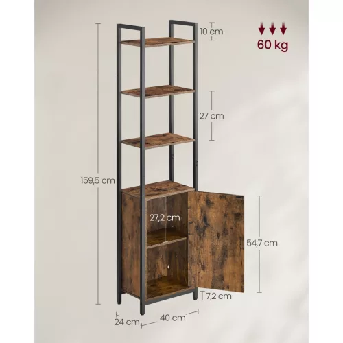 Könyvespolc, magas tárolópolc ajtóval, acél kerettel, rusztikus barna 40x24x160cm