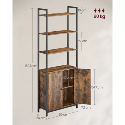 Könyvespolc, álló polc ajtóval, rusztikus barna 60x24x159cm