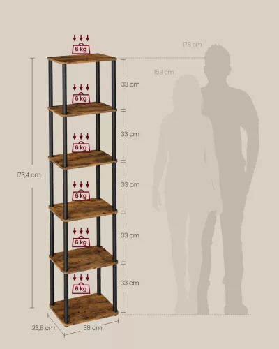 Tárolópolc, 6 szintes, álló polc, rusztikus barna