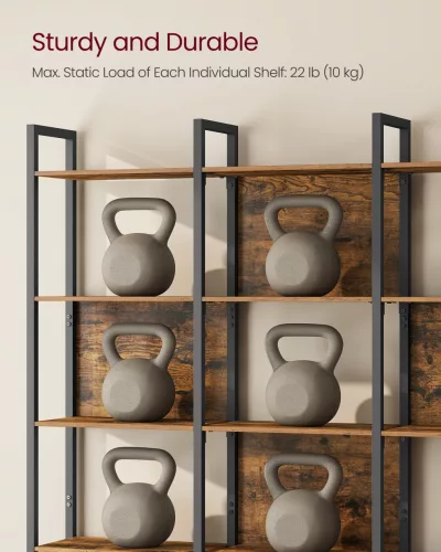 könyvespolc 6 szintes, ipari könyvespolc, acélkerettel, rusztikus barna