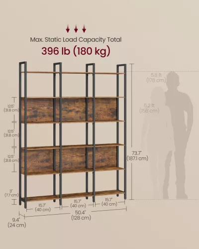 könyvespolc 6 szintes, ipari könyvespolc, acélkerettel, rusztikus barna