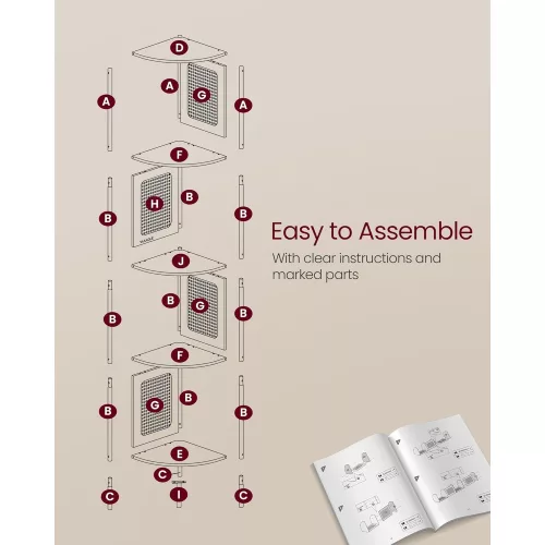 VASAGLE 5 szintes sarok polcos könyvespolc rattan oldalpanelekkel, álló polc fém