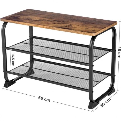 VASAGLE Cipőtároló pad, ipari stílusú cipőtartó 2 hálós polccal, kerekített vasvázzal,