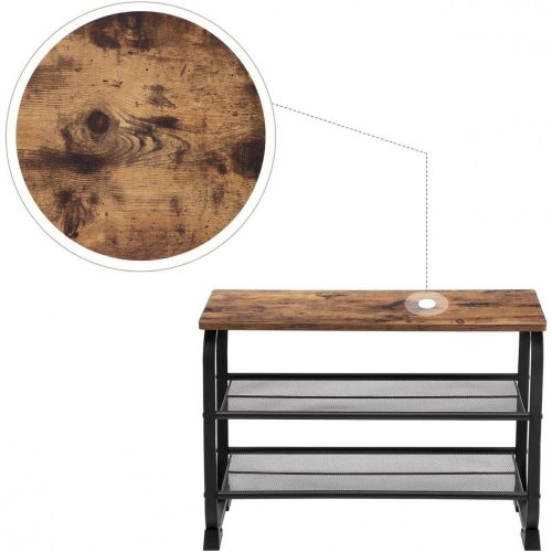 VASAGLE Cipőtároló pad, ipari stílusú cipőtartó 2 hálós polccal, kerekített vasvázzal,