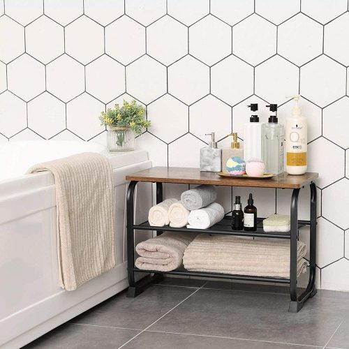 VASAGLE Cipőtároló pad, ipari stílusú cipőtartó 2 hálós polccal, kerekített vasvázzal,