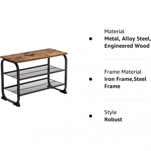 VASAGLE Cipőtároló pad, ipari stílusú cipőtartó 2 hálós polccal, kerekített vasvázzal,