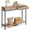Konzolasztal két fiókkal, acél kerettel, ipari stílusú, barna-fekete