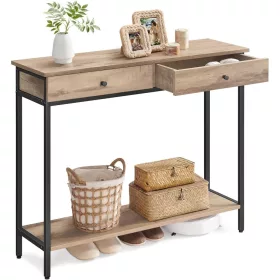   Konzolasztal két fiókkal, acél kerettel, ipari stílusú, barna-fekete