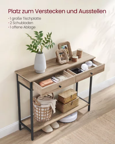 Konzolasztal két fiókkal, acél kerettel, ipari stílusú, barna-fekete