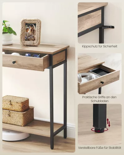 Konzolasztal két fiókkal, acél kerettel, ipari stílusú, barna-fekete