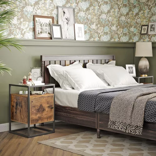 VASAGLE Éjjeliszekrény, Éjjeli szekrény, Üveg oldalas asztal, Szekrényes, Vége asztal,