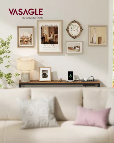 Keskeny konzolasztal töltőállomással, akasztókkal, rusztikus barna