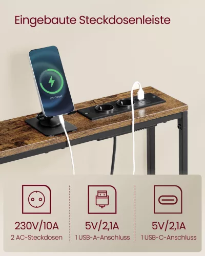 Keskeny konzolasztal töltőállomással, akasztókkal, rusztikus barna