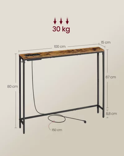 Keskeny konzolasztal töltőállomással, akasztókkal, rusztikus barna