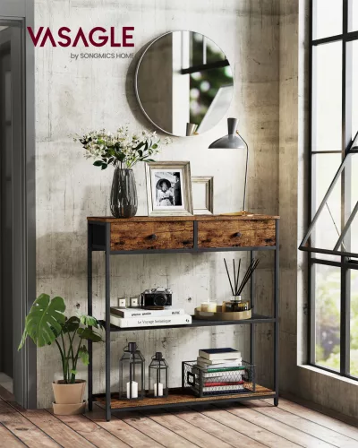 Keskeny konzolasztal 2 szövetfiókkal, rusztikus barna