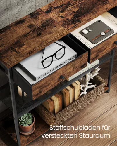 Keskeny konzolasztal 2 szövetfiókkal, rusztikus barna