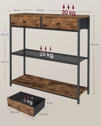 Keskeny konzolasztal 2 szövetfiókkal, rusztikus barna