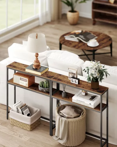 Keskeny konzolasztal 2 polccal, rusztikus barna