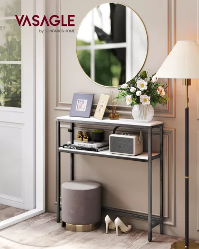 Keskeny konzolasztal 2 polccal, márvány fehér és fekete