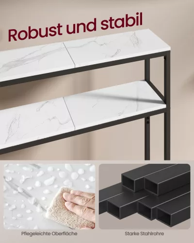 Keskeny konzolasztal 2 polccal, márvány fehér és fekete