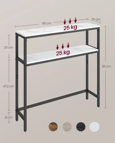 Keskeny konzolasztal 2 polccal, márvány fehér és fekete
