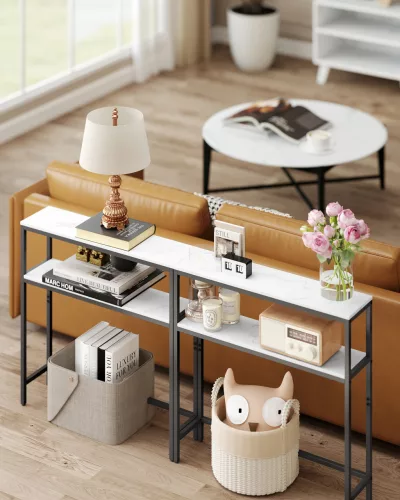 Keskeny konzolasztal 2 polccal, márvány fehér és fekete