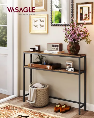 Keskeny konzolasztal 2 polccal, hosszú kivitel, rusztikus barna