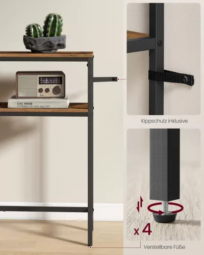 Keskeny konzolasztal 2 polccal, hosszú kivitel, rusztikus barna