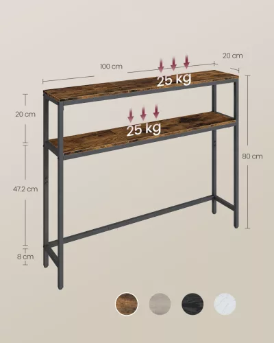 Keskeny konzolasztal 2 polccal, hosszú kivitel, rusztikus barna