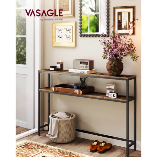 Keskeny konzolasztal két polccal, rusztikus barna és fekete