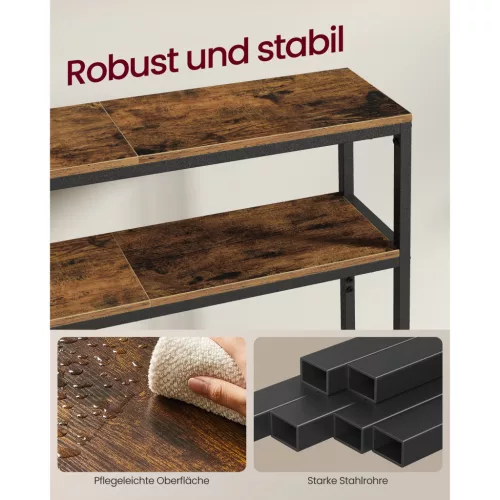 Keskeny konzolasztal két polccal, rusztikus barna és fekete