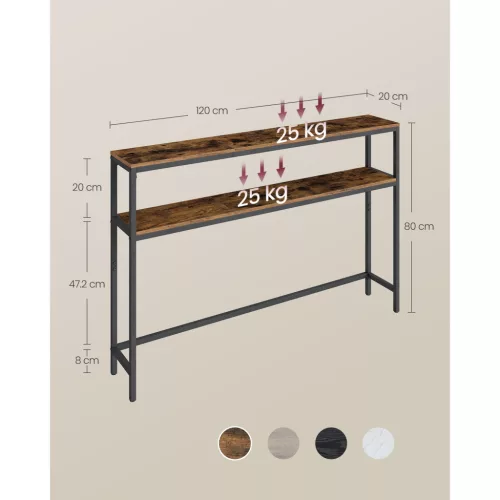 Keskeny konzolasztal két polccal, rusztikus barna és fekete