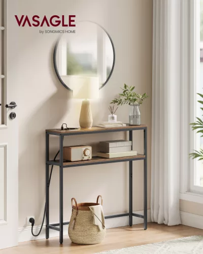 Keskeny konzolasztal 2 polccal, beépített töltővel, rusztikus barna