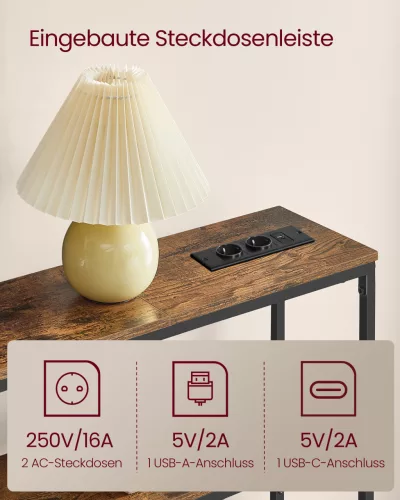 Keskeny konzolasztal 2 polccal, beépített töltővel, rusztikus barna