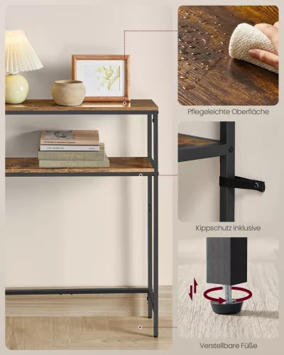 Keskeny konzolasztal 2 polccal, beépített töltővel, rusztikus barna