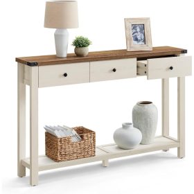   Keskeny konzolasztal 3 fiókkal és 1 polccal, mézbarna és vintage fehér