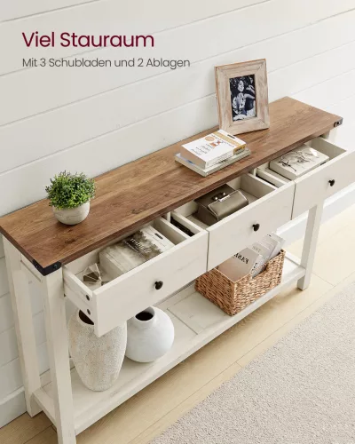 Keskeny konzolasztal 3 fiókkal és 1 polccal, mézbarna és vintage fehér