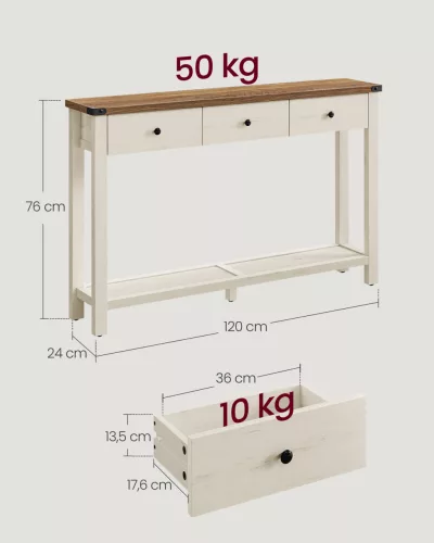 Keskeny konzolasztal 3 fiókkal és 1 polccal, mézbarna és vintage fehér