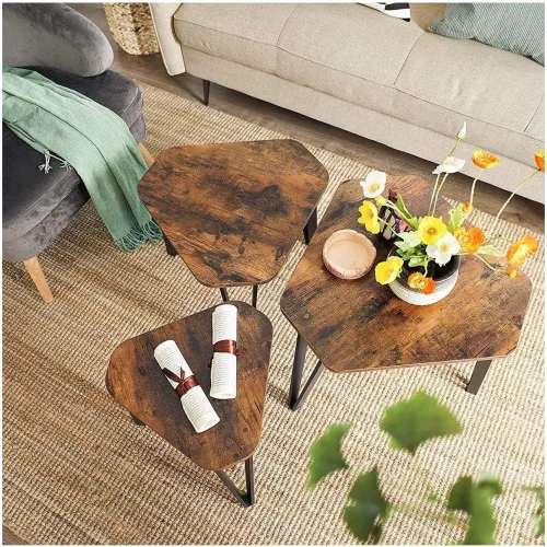 VASAGLE Fészekelő kávéasztal, 3 darab végződő asztal a nappaliba, egymásra rakható mellék